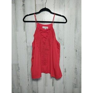 Wayf Womens Large Top Tank Blouse Red-Orange Sleeveless Woven V-Neck Lace Trim